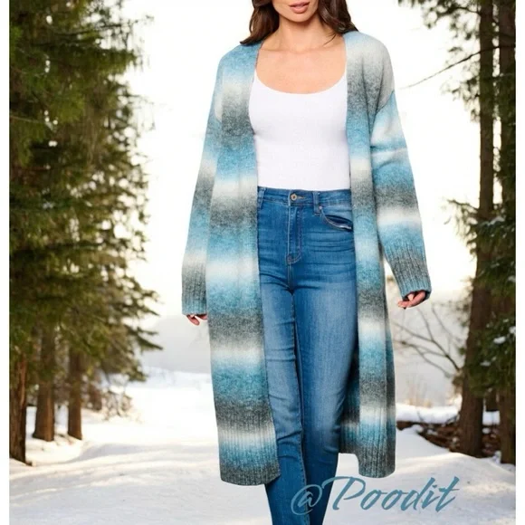 EIGHTY THREADS Shades of blue part wool long cardigan S M L - Picture 3 of 7